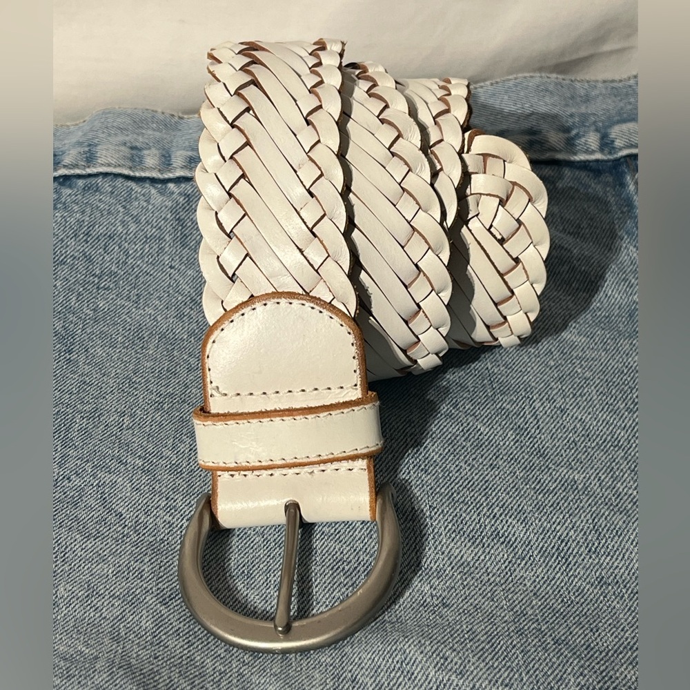 Vintage Women's Adjustable Wide White Woven Leather Belt Brass Buckle